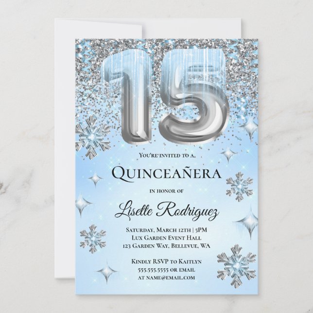 Invitación Globos de plata azul invernal Quinceanera (Anverso)