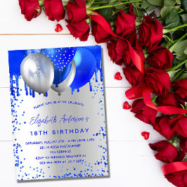 Invitación Globos de plata azul real de cumpleaños brillan