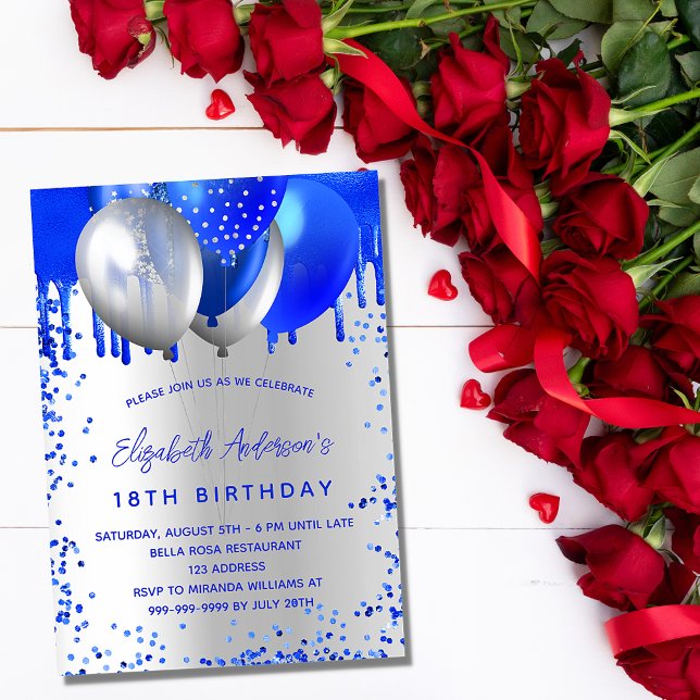 Invitación Globos de plata azul real de cumpleaños brillan (Subido por el creador)