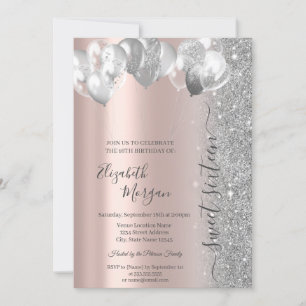 Invitación Globos de Plata Brillo Rosa Dorado Dulces 16