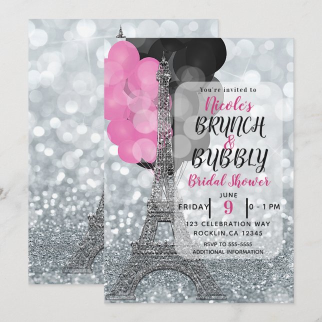 Invitación Globos de plata con brillo rosa negro Torre Eiffel (Anverso / Reverso)