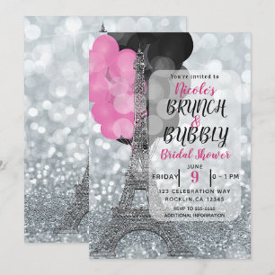 Invitación Globos de plata con brillo rosa negro Torre Eiffel