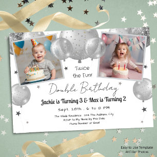 Invitación Globos de plata Cumpleaños doble Fiesta de niños