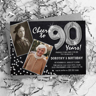 Invitación Globos de plata de pizarra 2 Foto 90 Cumpleaños