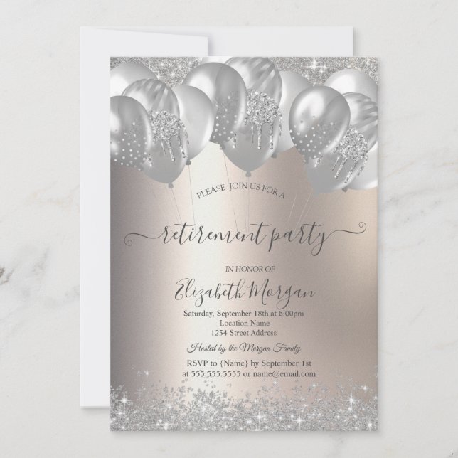 Invitación Globos de plata Diamantes Fiesta de Jubilación (Anverso)
