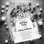 Invitación Globos de plata negra Fiesta de cumpleaños 21<br><div class="desc">Celebre con estilo esta vibrante y llamativa invitación a la fiesta de cumpleaños número 21, que presenta un impresionante diseño de un arco de globo en cascada en tonos negro y plateado, y acentuado con blanco. El audaz "21" del centro añade un toque lúdico pero moda, marcando perfectamente el tono...</div>