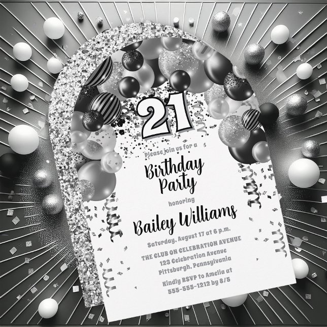 Invitación Globos de plata negra Fiesta de cumpleaños 21 (Black | Silver Balloons "21" 21st Birthday Party Invitations - Print and/or Download Available)