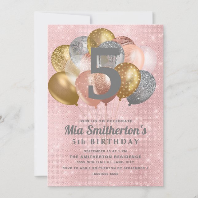 Invitación Globos de plata rosa oro Cumpleaños niña 5 años (Anverso)