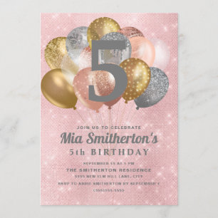Invitación Globos de plata rosa oro Cumpleaños niña 5 años