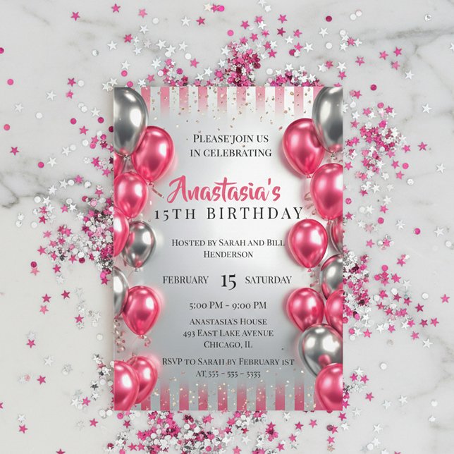 Invitación Globos de plata rosa vibrante para 15 cumpleaños (Subido por el creador)