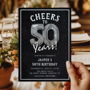 Invitación Globos de plata rústicos de pizarra Cumpleaños 50