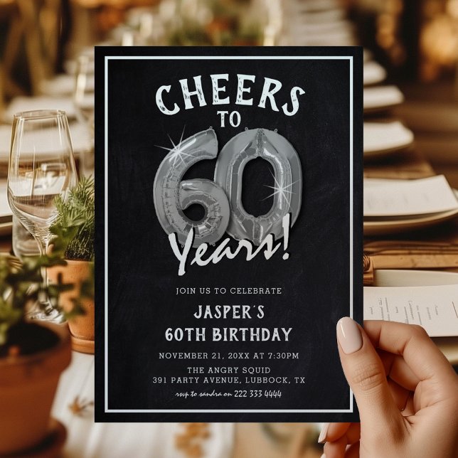 Invitación Globos de plata rústicos de pizarra Cumpleaños 60 (Subido por el creador)