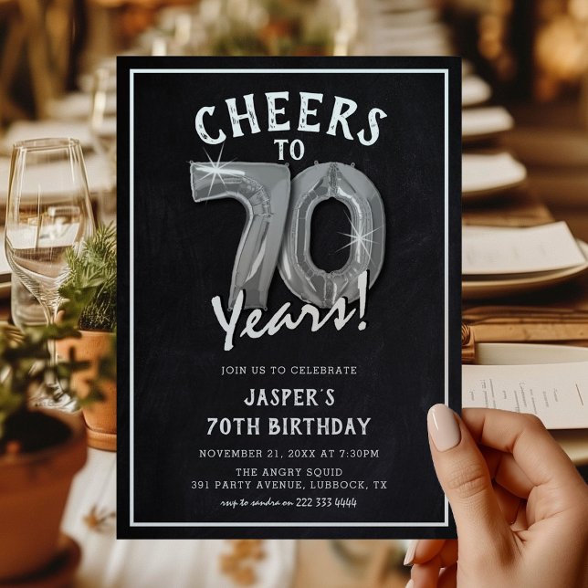 Invitación Globos de plata rústicos de pizarra Cumpleaños 70 (Subido por el creador)