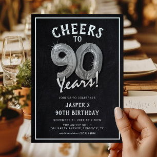 Invitación Globos de plata rústicos de pizarra Cumpleaños 90