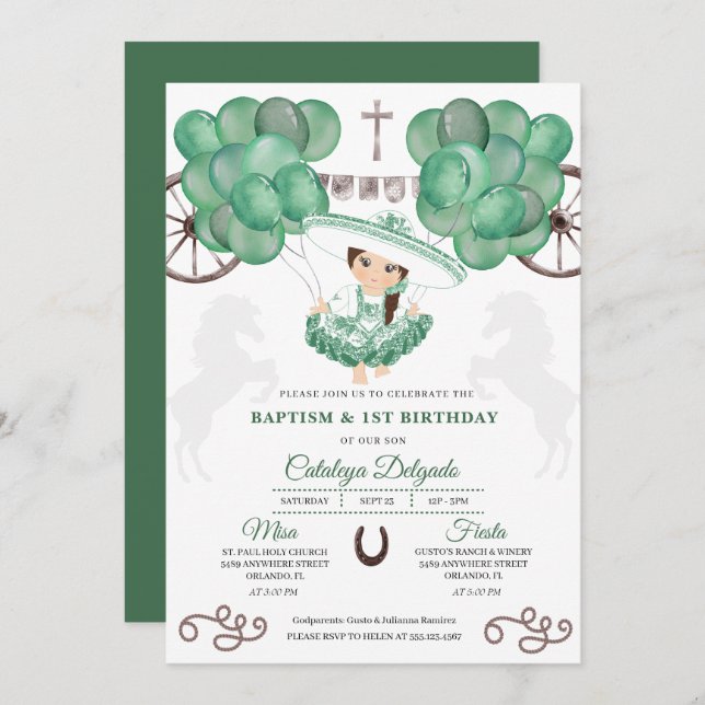 Invitación Globos de plata verde Bebé Charra Baptismo mexican (Anverso / Reverso)