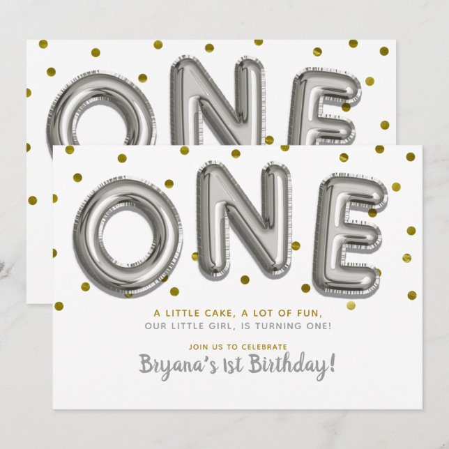 Invitación Globos de Plata y Oro ONE Cumpleaños número 1 Fies (Anverso / Reverso)