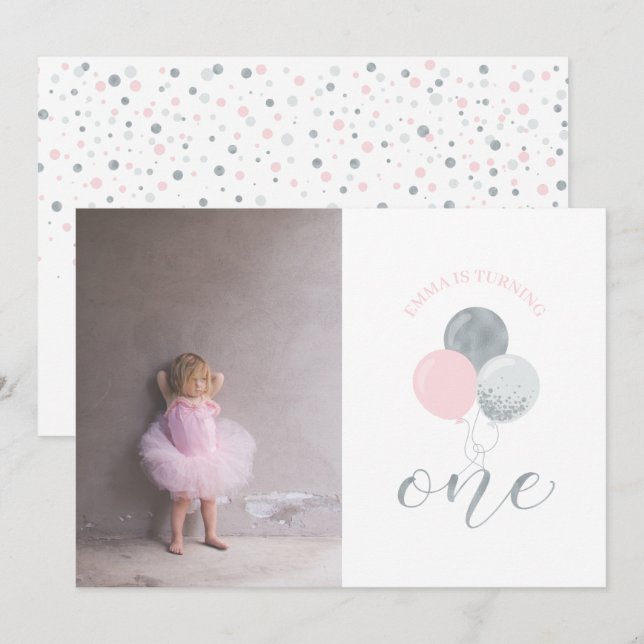 Invitación Globos de Plata y Rosa | Cumpleaños de 1 año de un (Anverso / Reverso)