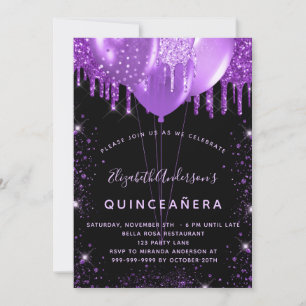 Invitación Globos de polvo de purpurina púrpura negro Quincea