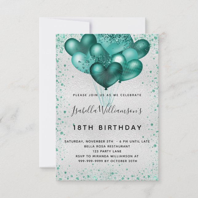 Invitación Globos de polvo de purpurinas verde azulados de pl (Anverso)