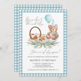 Invitación Globos de primer cumpleaños de Blue Teddy Bear