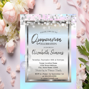 Invitación Globos de Puntos Plateados Marco Quinceañera Holog
