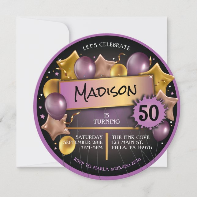 Invitación Globos de Púrpura ORO PINK 50.º cumpleaños (Anverso)