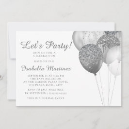 Invitación Globos de Purpurina de Plata Blanca Elegantes Cump