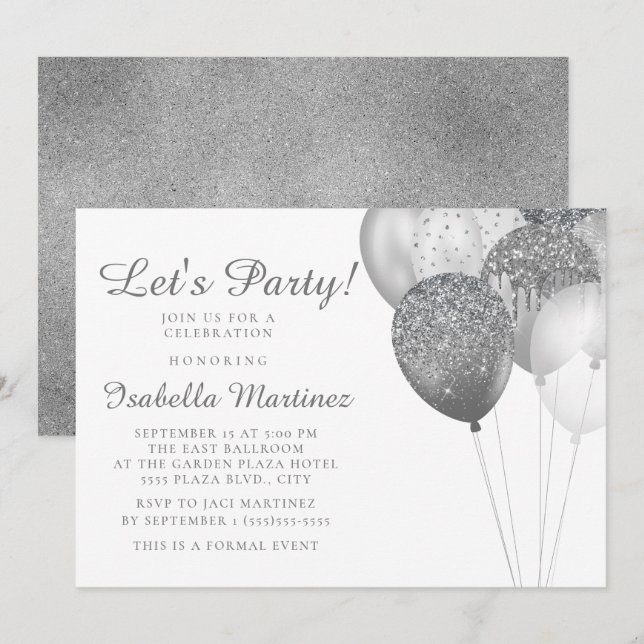 Invitación Globos de Purpurina de Plata Blanca Elegantes Cump (Anverso / Reverso)