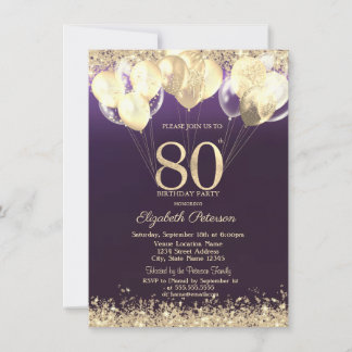 Invitación Globos de Purpurina Dorada Confeti 80 Cumpleaños