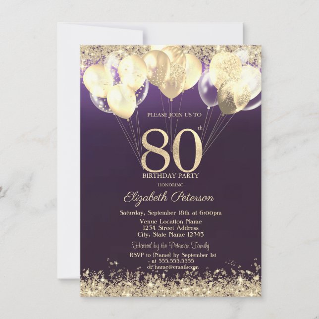 Invitación Globos de Purpurina Dorada Confeti 80 Cumpleaños  (Anverso)