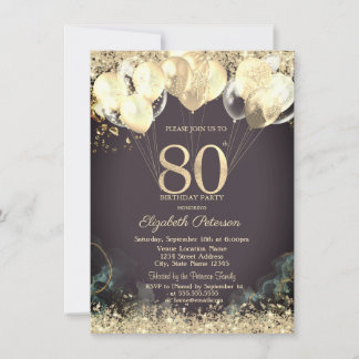 Invitación Globos de Purpurina Dorada Confeti Burgundy 80º