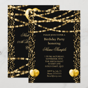 Invitación Globos de Purpurina Hoja Dorada Cumpleaños Negro