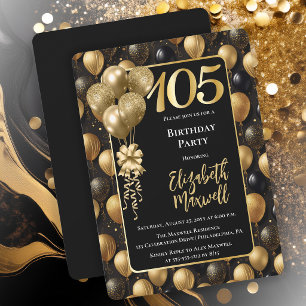 Invitación Globos de purpurina negra dorada elegante cumpleañ