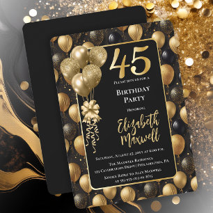 Invitación Globos de Purpurina Negra Dorada Elegantes Cumplea