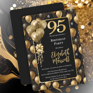 Invitación Globos de Purpurina Negra Dorada Elegantes Cumplea
