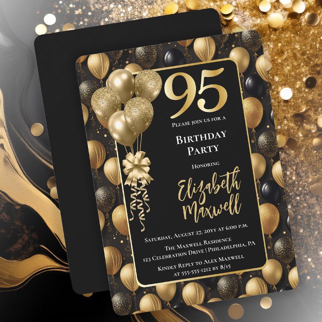Invitación Globos de Purpurina Negra Dorada Elegantes Cumplea (Elegant Black Gold-Tone Faux Glitter Balloons Pattern 95th Birthday Party Invitation 
Print Digital)