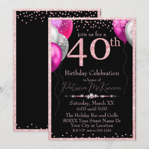 Invitación Globos de Purpurina Negros y Rosados Cumpleaños 40