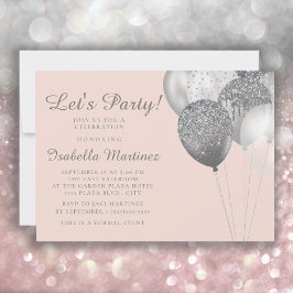 Invitación Globos de Purpurina Plateada Rosa Rubor Dulces 16 