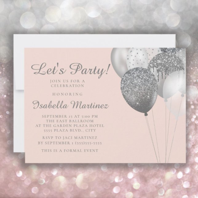 Invitación Globos de Purpurina Plateada Rosa Rubor Dulces 16  (Subido por el creador)