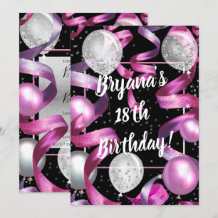 Invitación Globos de Purpurina Plateados Negros y Rosados Cum