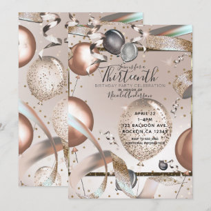 Invitación Globos de Purpurina Rosa Dorado Cumpleaños