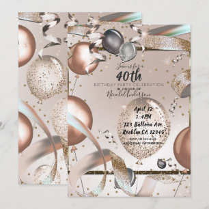 Invitación Globos de Purpurina Rosa Dorado Rose para Cumpleañ