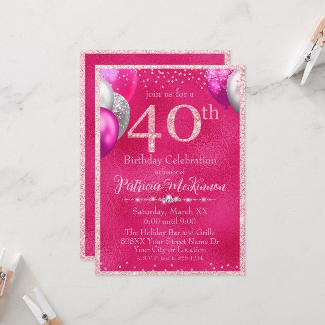 Invitación Globos de Purpurina rosado caliente 40 cumpleaños (Anverso/Reverso In Situ)