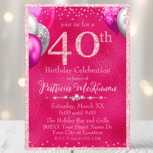 Invitación Globos de Purpurina rosado caliente 40 cumpleaños