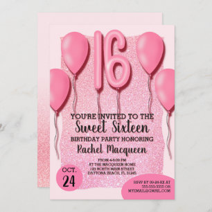 Invitación Globos de Purpurina rosado de Bonito Girly dulce 1
