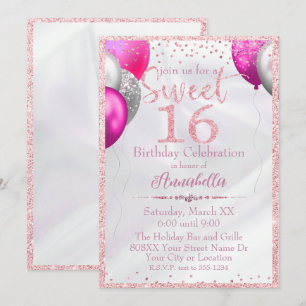 Invitación Globos de purpurina rosados sobre satén Cumpleaños