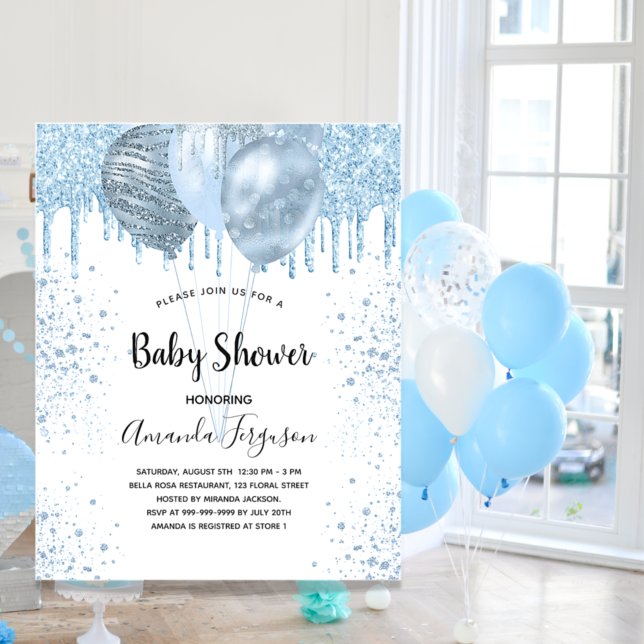 Invitación Globos de purpurinas blancos azules de Baby Shower (Subido por el creador)