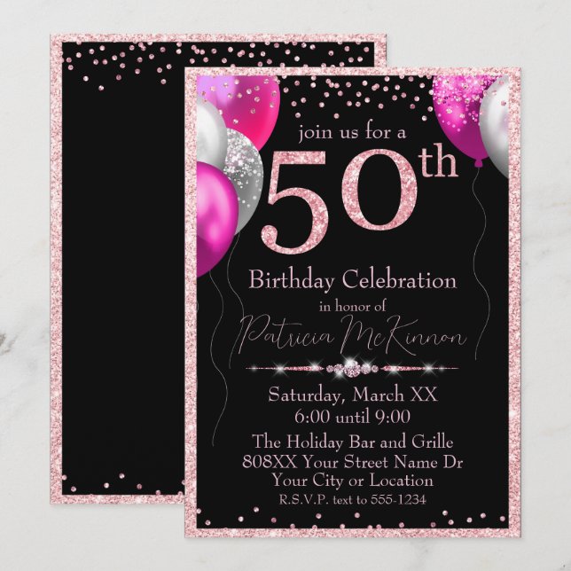 Invitación Globos de Purpurinas negros y rosados 50 cumpleaño (Anverso / Reverso)