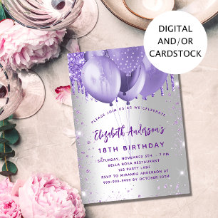 Invitación Globos de purpurinas violeta de plata de cumpleaño