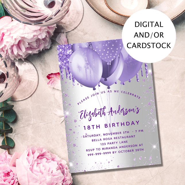 Invitación Globos de purpurinas violeta de plata de cumpleaño (Subido por el creador)